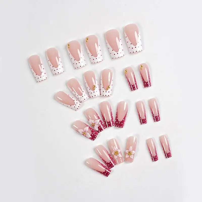 Floral and Polka Dot Press On Nails — Long Coffin Style Manicure Set