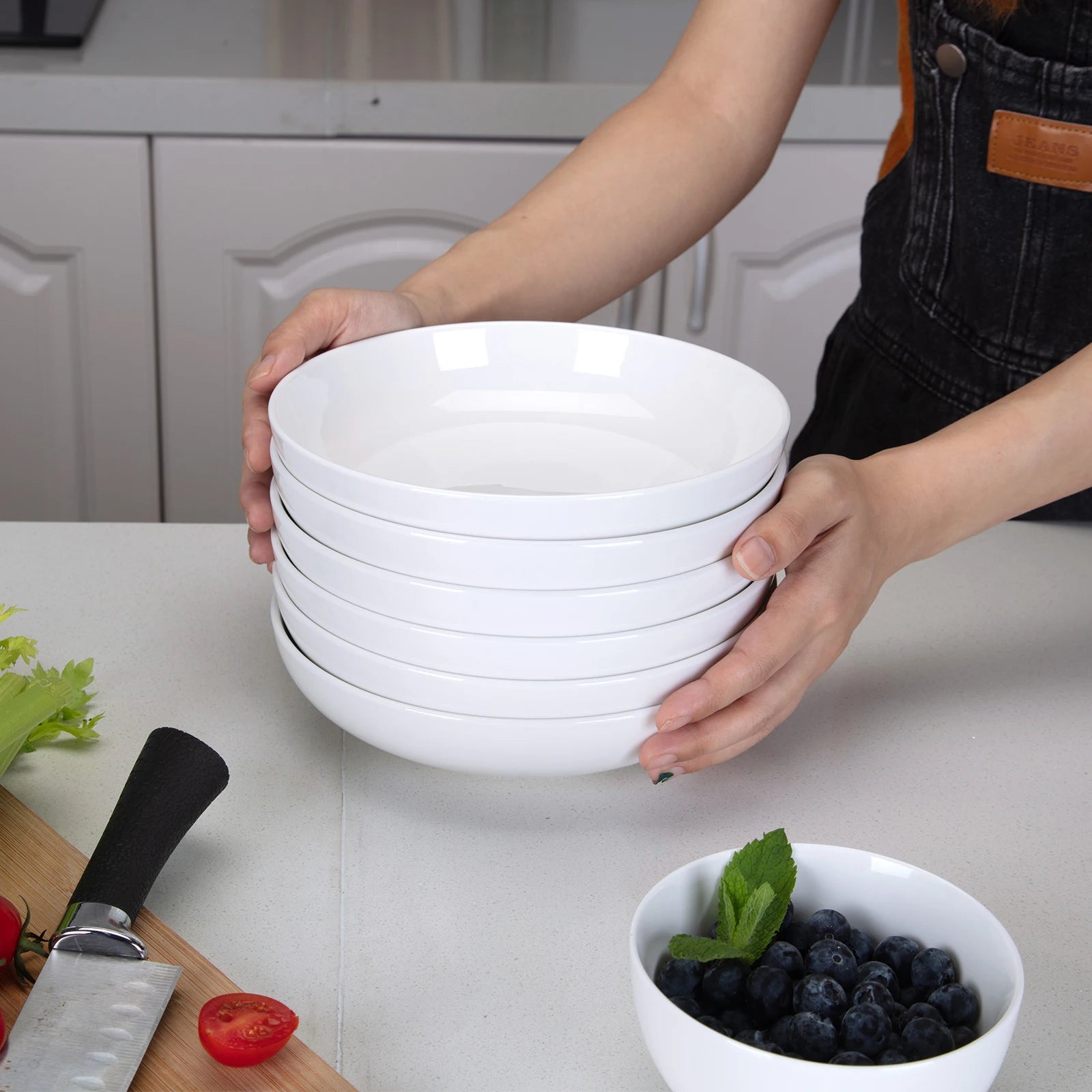 Ceramic Pasta Bowls Set — 6-Piece Large Shallow Serving Dishes, White