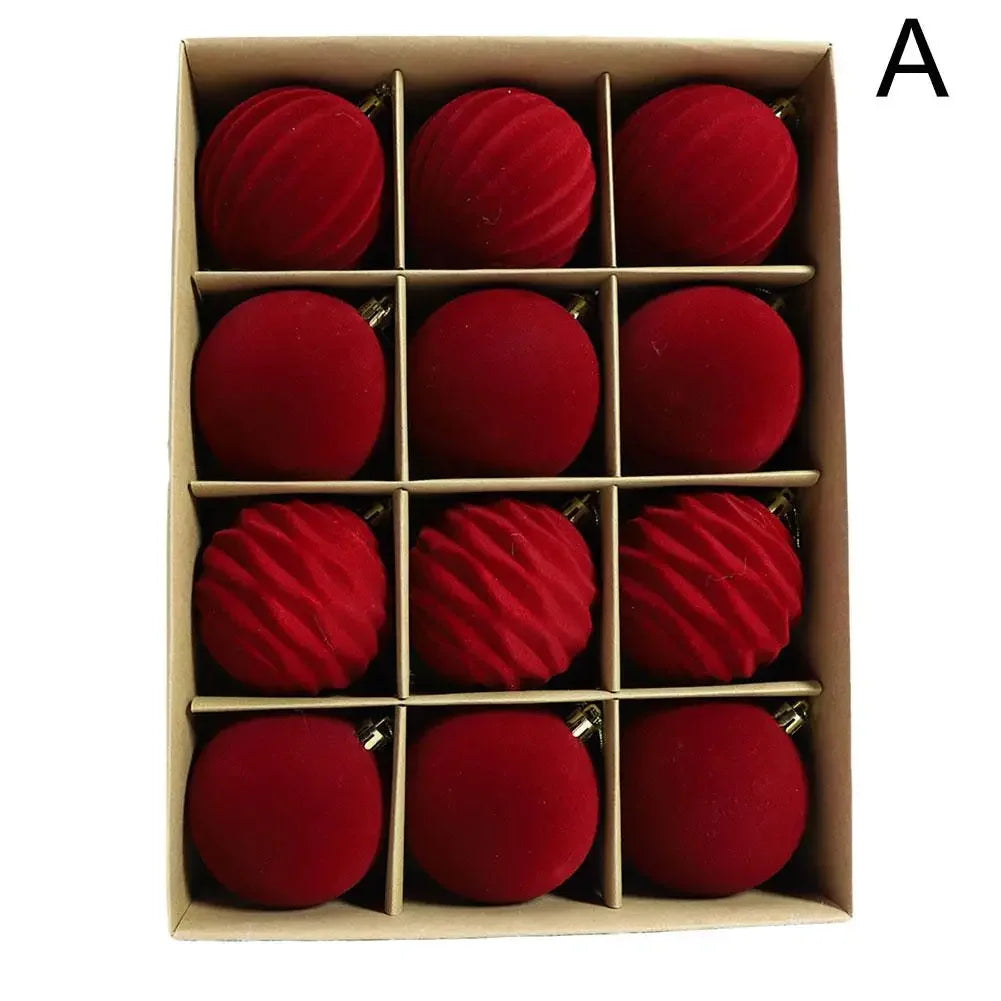 Flocked Velvet Christmas Ball Ornaments — 12-Piece Holiday Tree Decor Set