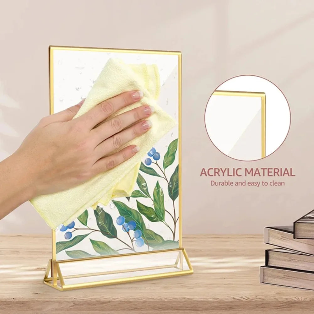 Transparent Acrylic Sign Holder — Elegant Gold Edge Table Display