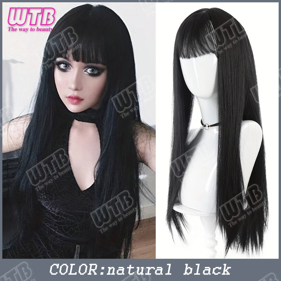 WTB Mint Green Highlighted Synthetic Wig — Long Straight Hair with Bangs