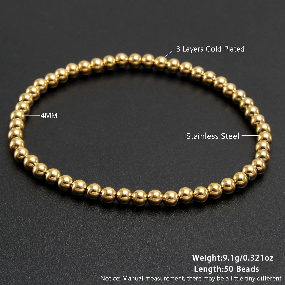 MHS.SUN Stainless Steel Beaded Bracelet — Gold Plated Stackable Jewelry