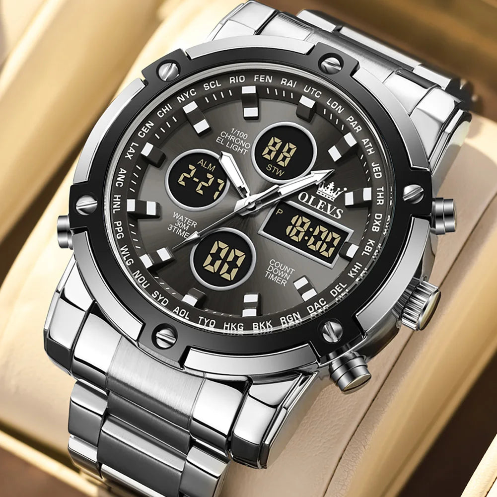 OLEVS Men's Multifunctional Digital Watch — Waterproof Stainless Steel Wristwatch
