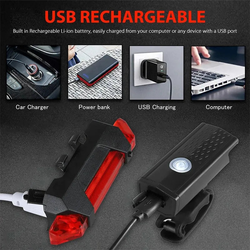 Rechargeable Bicycle Light Set — Front Headlight and Rear Taillight Kit