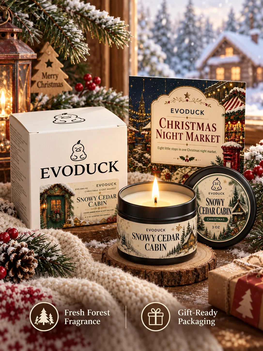 EVODUCK Cedar Amber Balsam Candle — Woodsy Pine Scented Holiday Gift