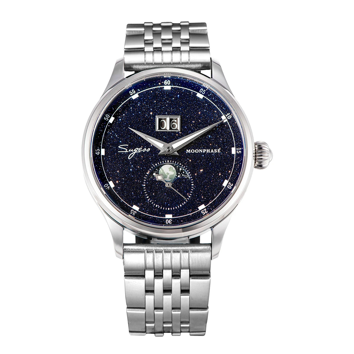 SUGESS Moonphase Automatic Watch — Blue Sandstone Dial & Sapphire Crystal