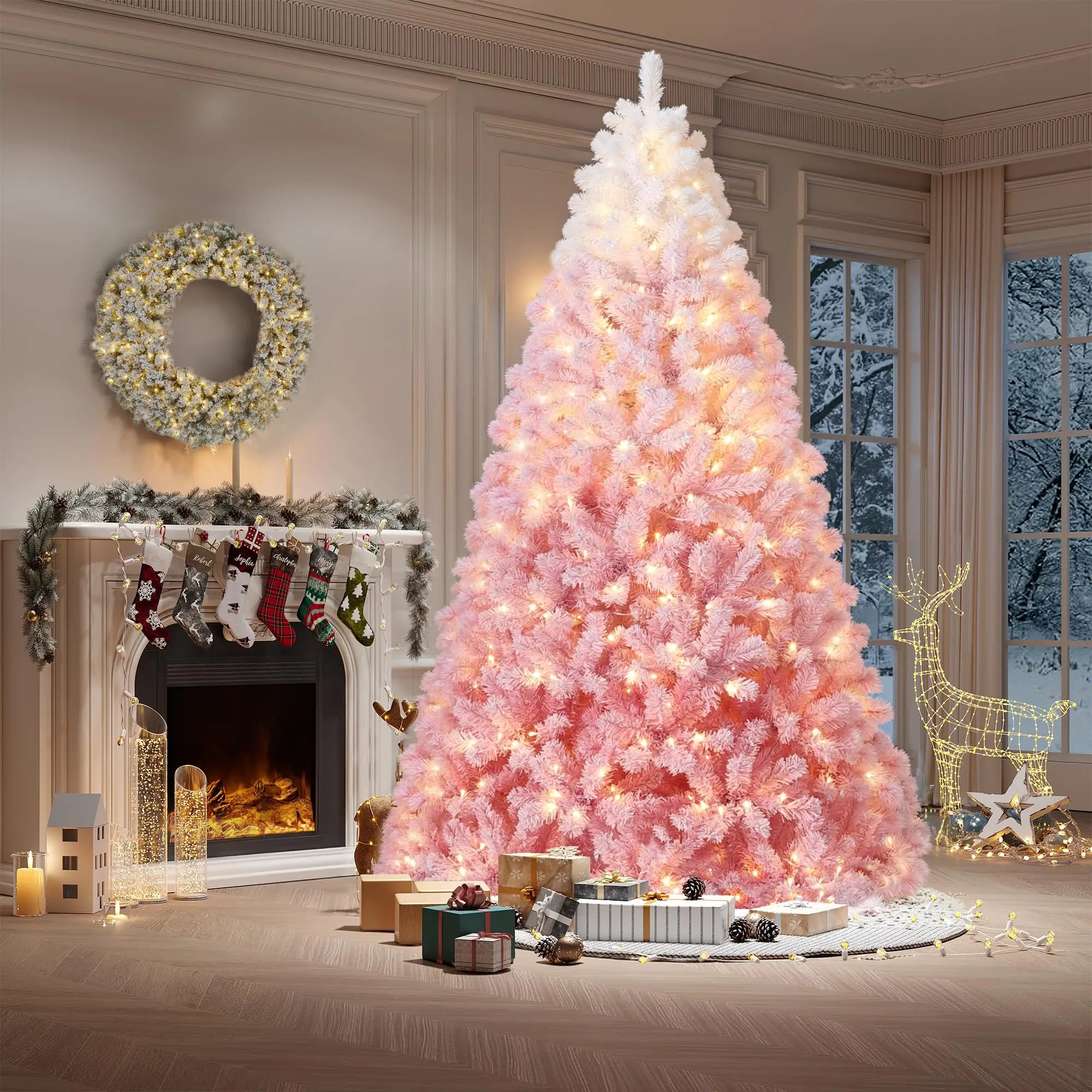 Pink Ombre Snow-Flocked Artificial Christmas Tree — Pre-Lit LED Holiday Decor