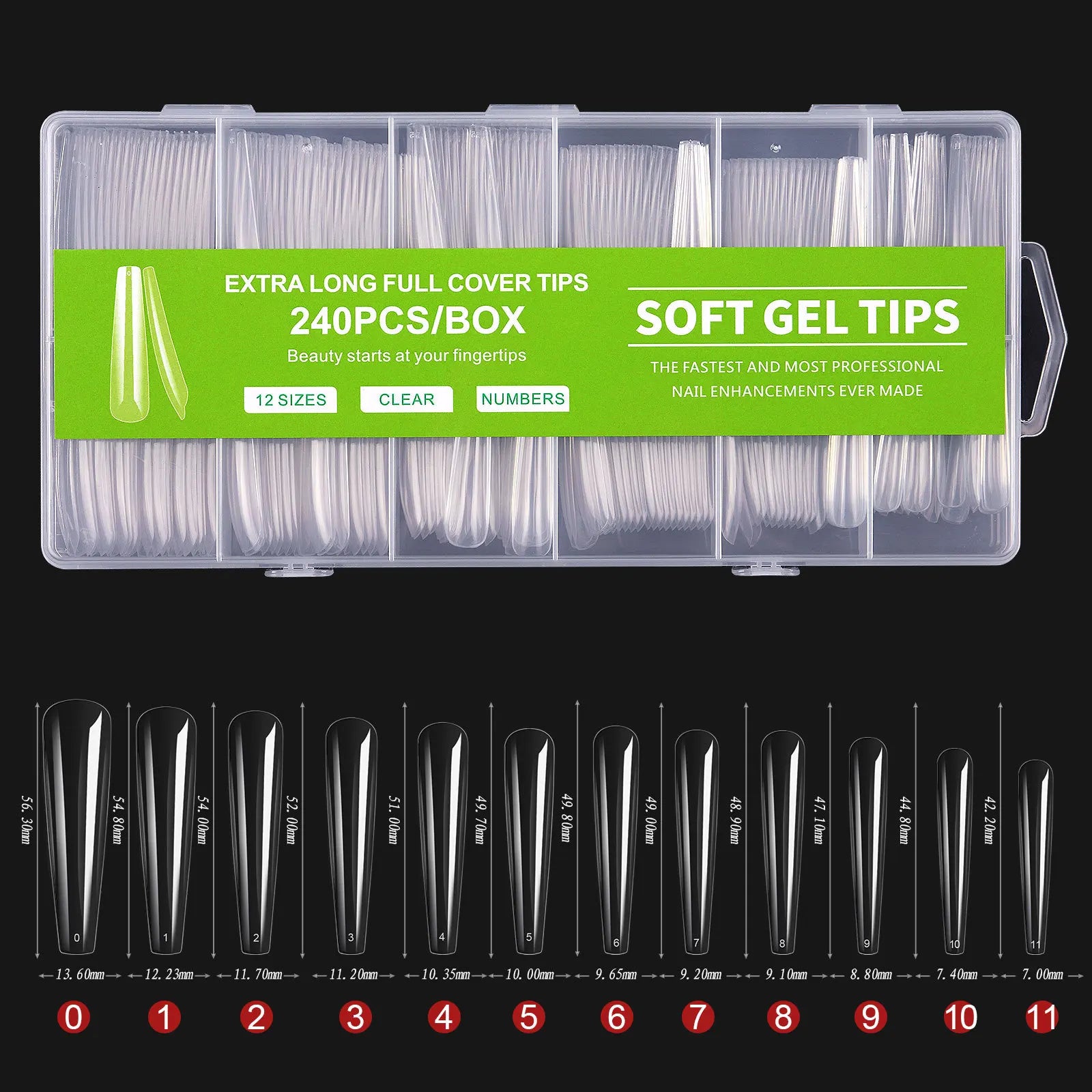 Extra Long Coffin Nail Tips — 240 Piece Clear Acrylic Set, XXXL Length