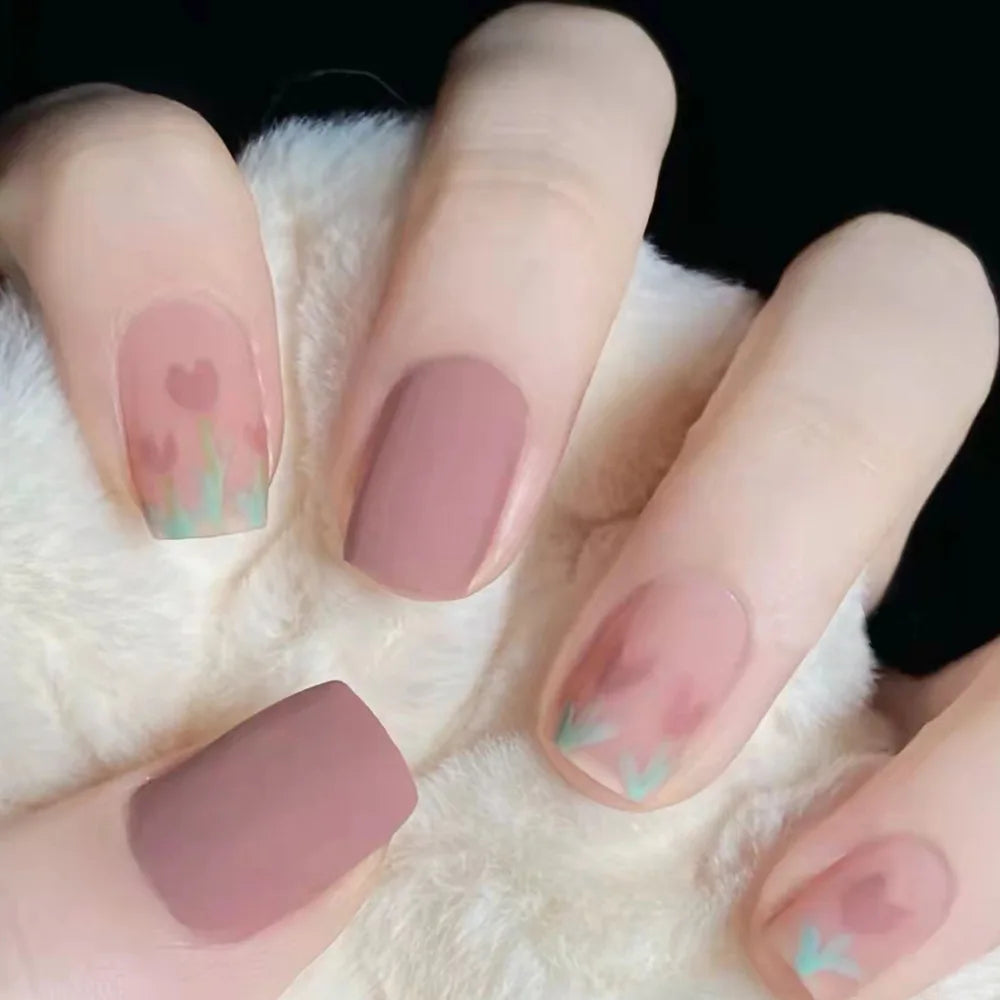 Pink Floral Press-On Nails — Short Almond French Tip Fake Nail Set
