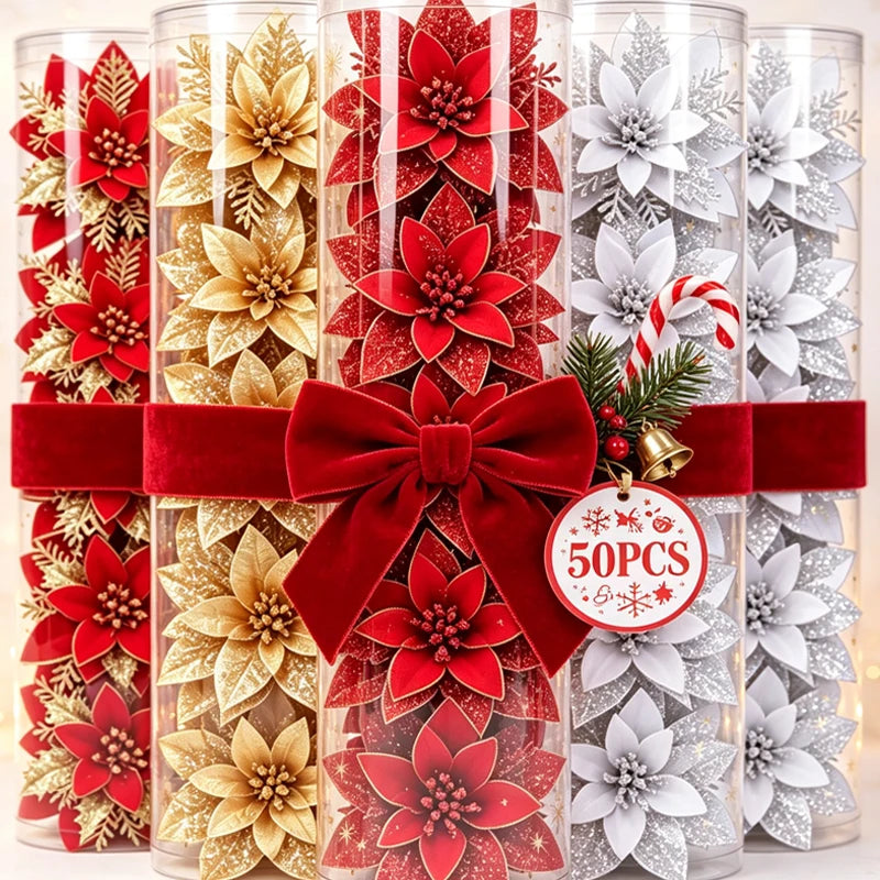 Glitter Artificial Poinsettia Flowers — Festive Holiday Tree Ornaments