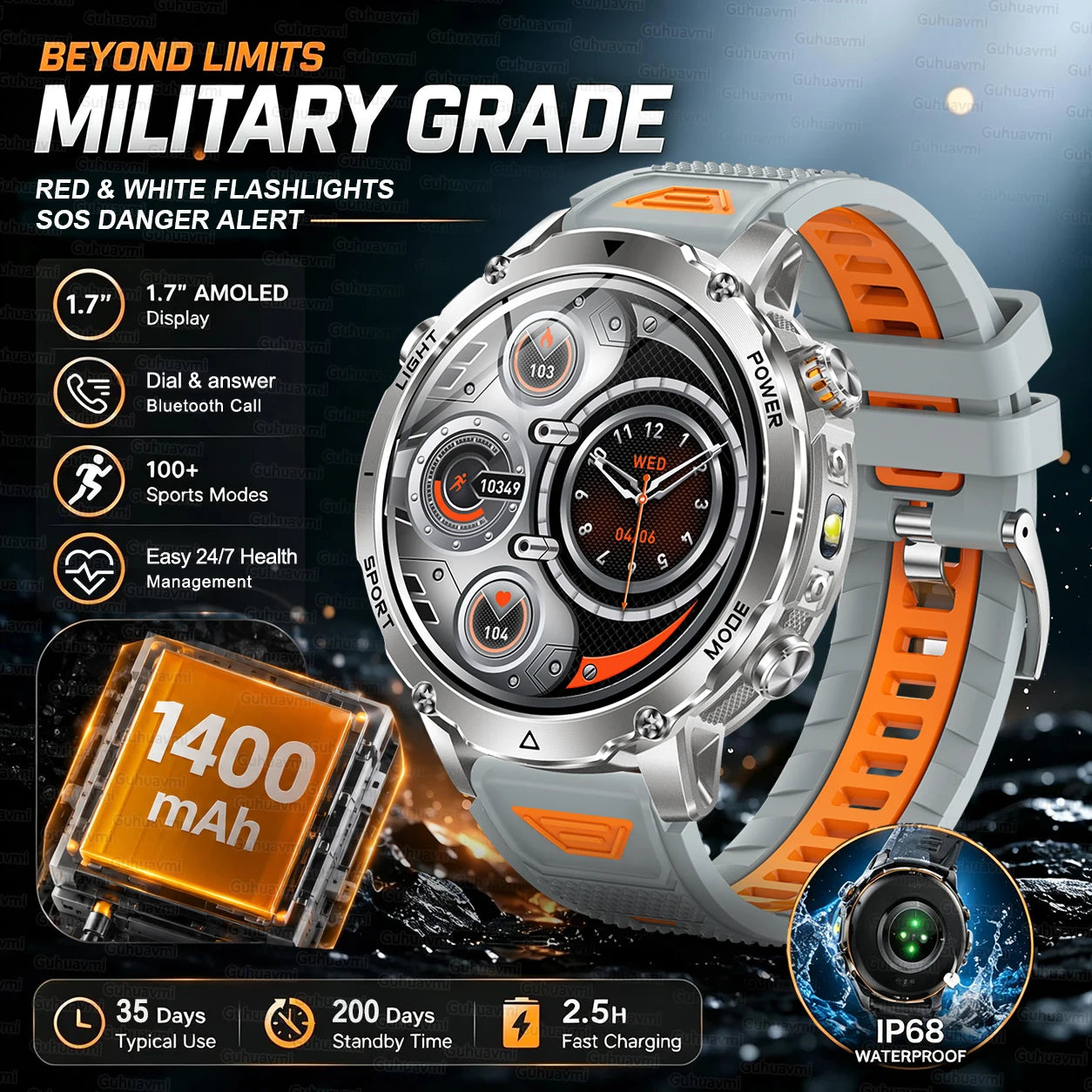 GUHUAVMI Military Smartwatch — 1400mAh Battery with GPS & Flashlight