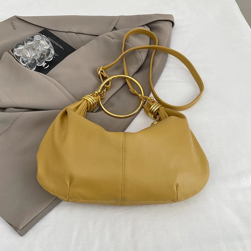 Elegant PU Leather Hobo Bag — Stylish Gold Ring Handle Tote