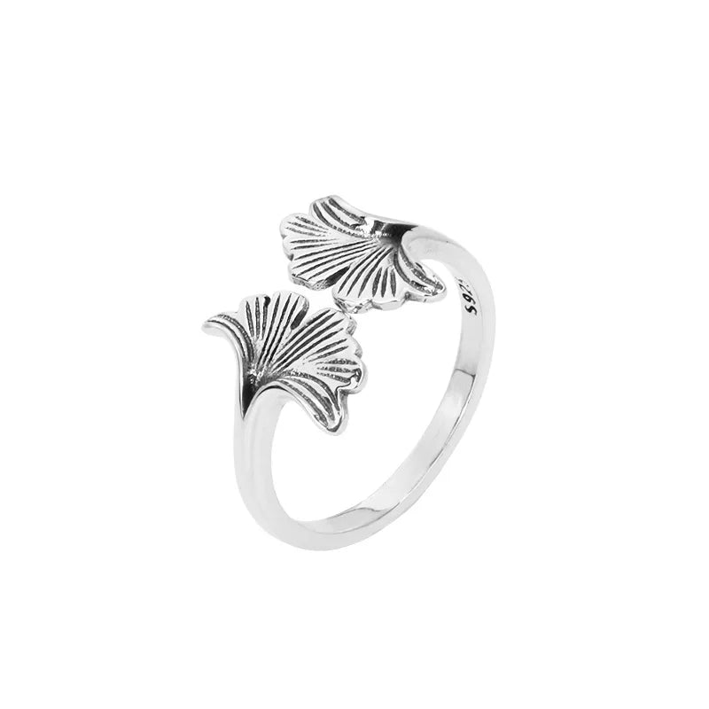 Sterling Silver Ginkgo Biloba Leaf Rings — Stackable Aesthetic Jewelry for Women