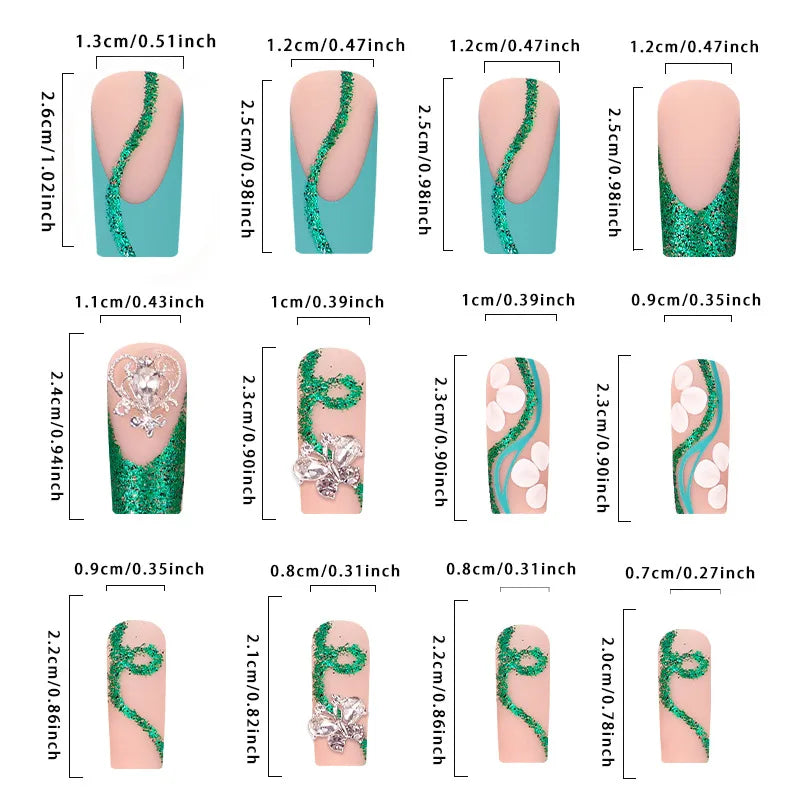 Long Coffin Press On Nails — Green French Tip Glitter Artificial Tips