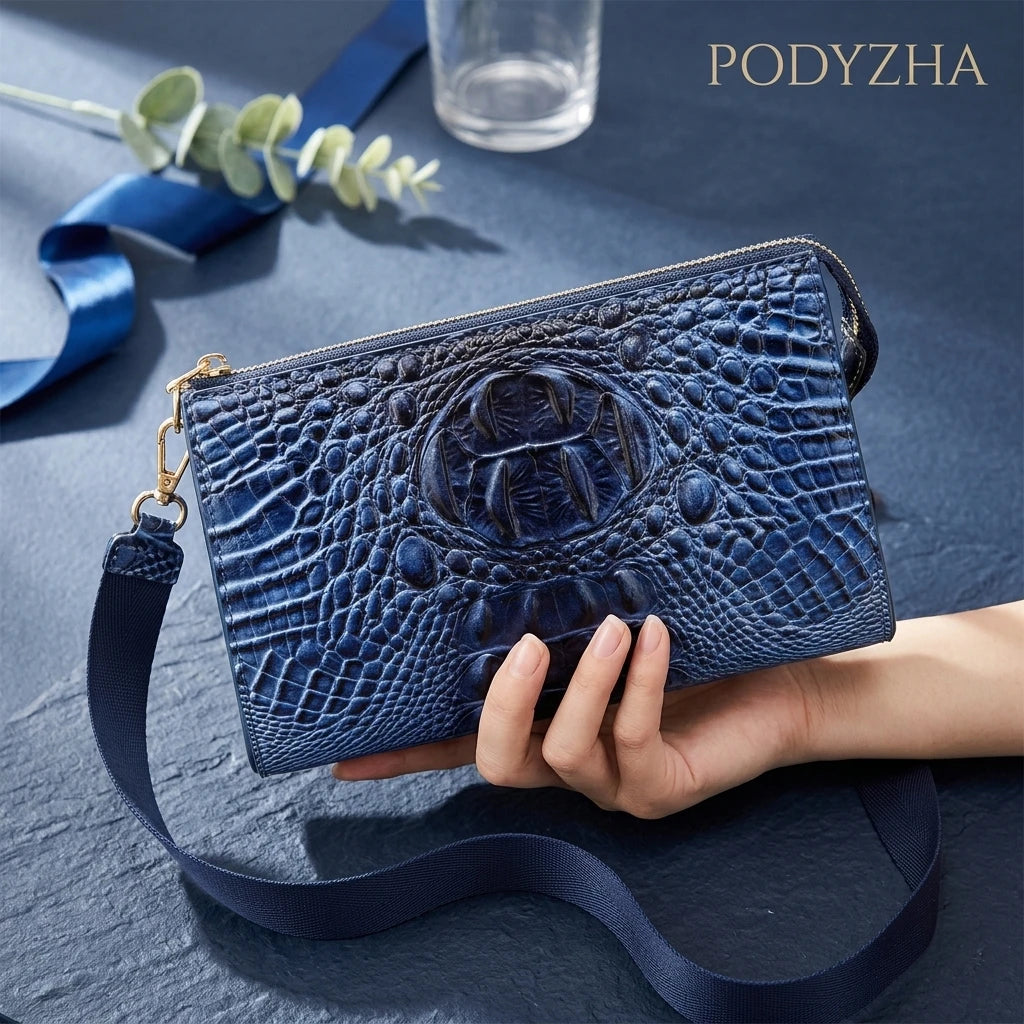 Crocodile Embossed Crossbody Wristlet — Versatile Clutch Bag with Adjustable Strap