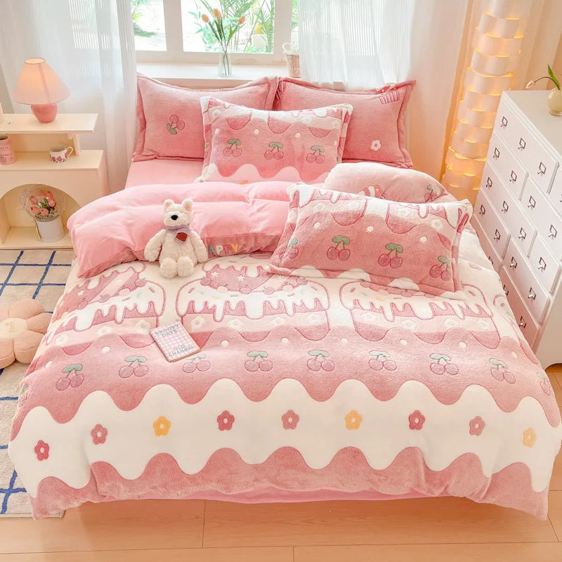 Plush Velvet Bedding Set — Warm Coral Fleece Duvet Cover & Sheet Set