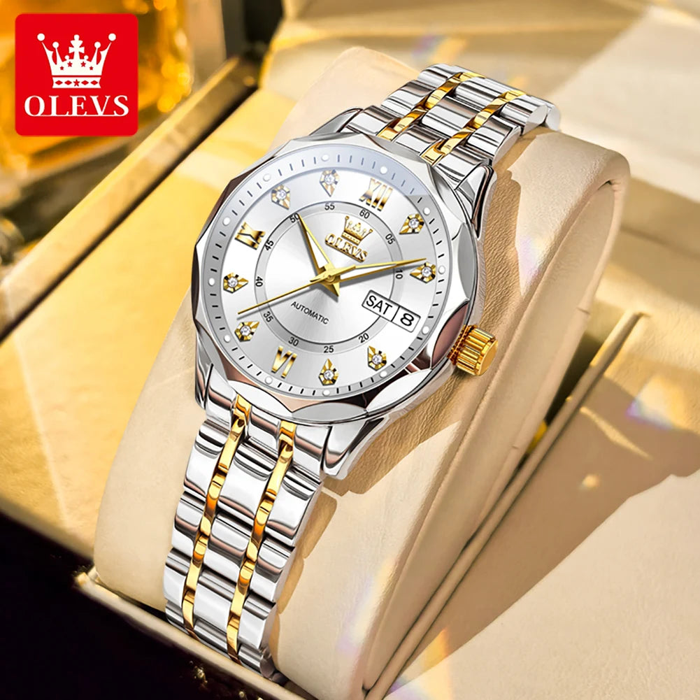 OLEVS Automatic Women's Watch — Luxury Stainless Steel & Dual Calendar