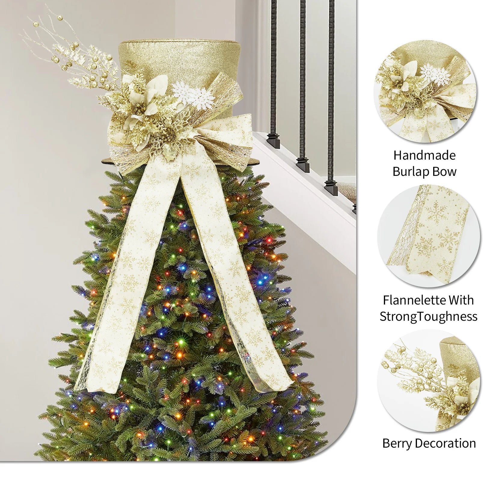 EliteZ Glitter Christmas Tree Topper Bow — Decorative Spruce Branch Accent