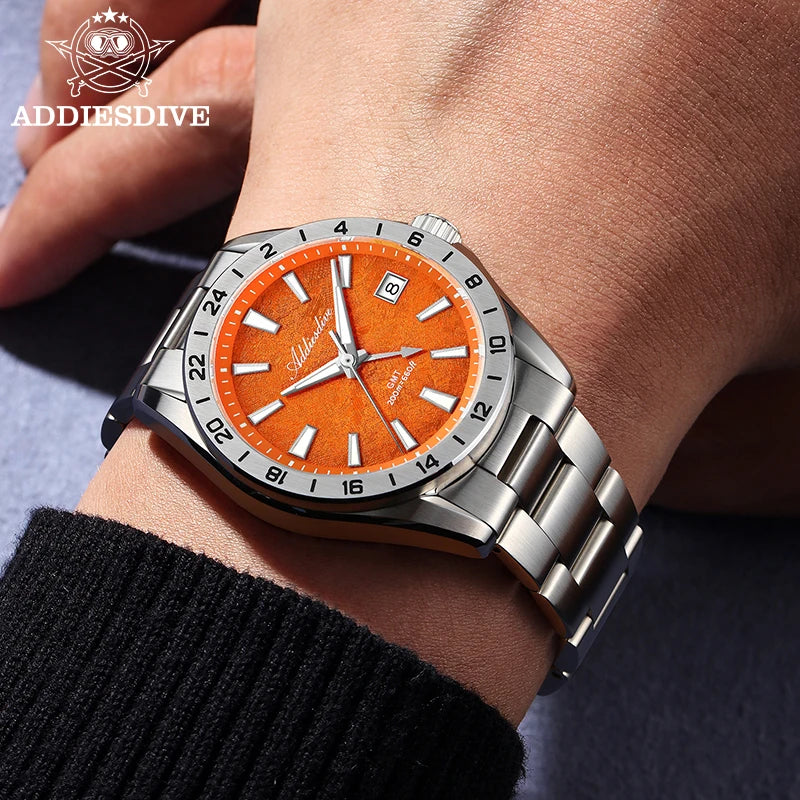 ADDIESDIVE Luxury GMT Watch — Dual Time Zone 38mm Stainless Steel