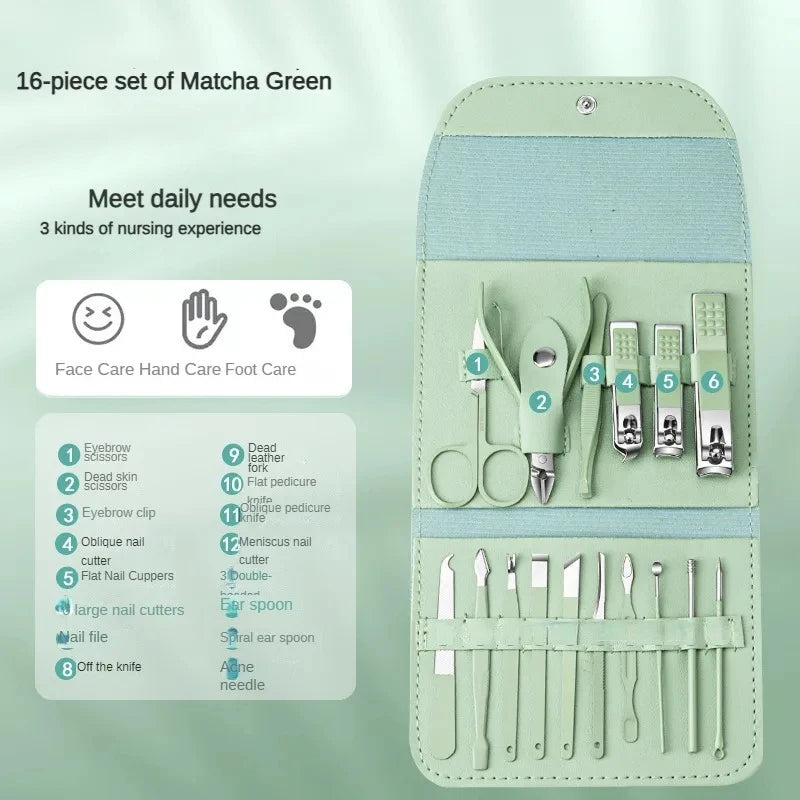 Professional 16-Piece Manicure Set — Stainless Steel Grooming Kit with Leather Case