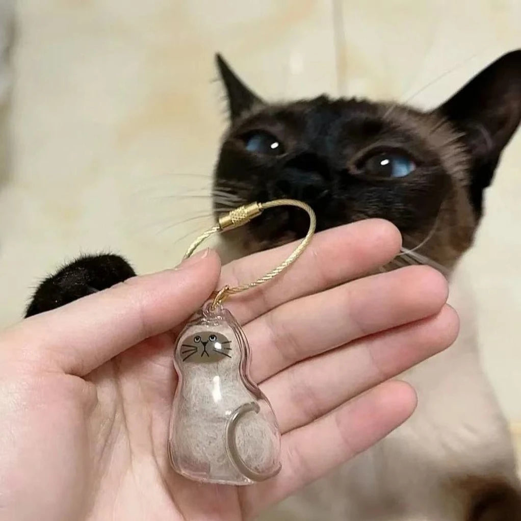Cat Shaped Memorial Keepsake Charm — Pet Hair Storage Keychain Pendant