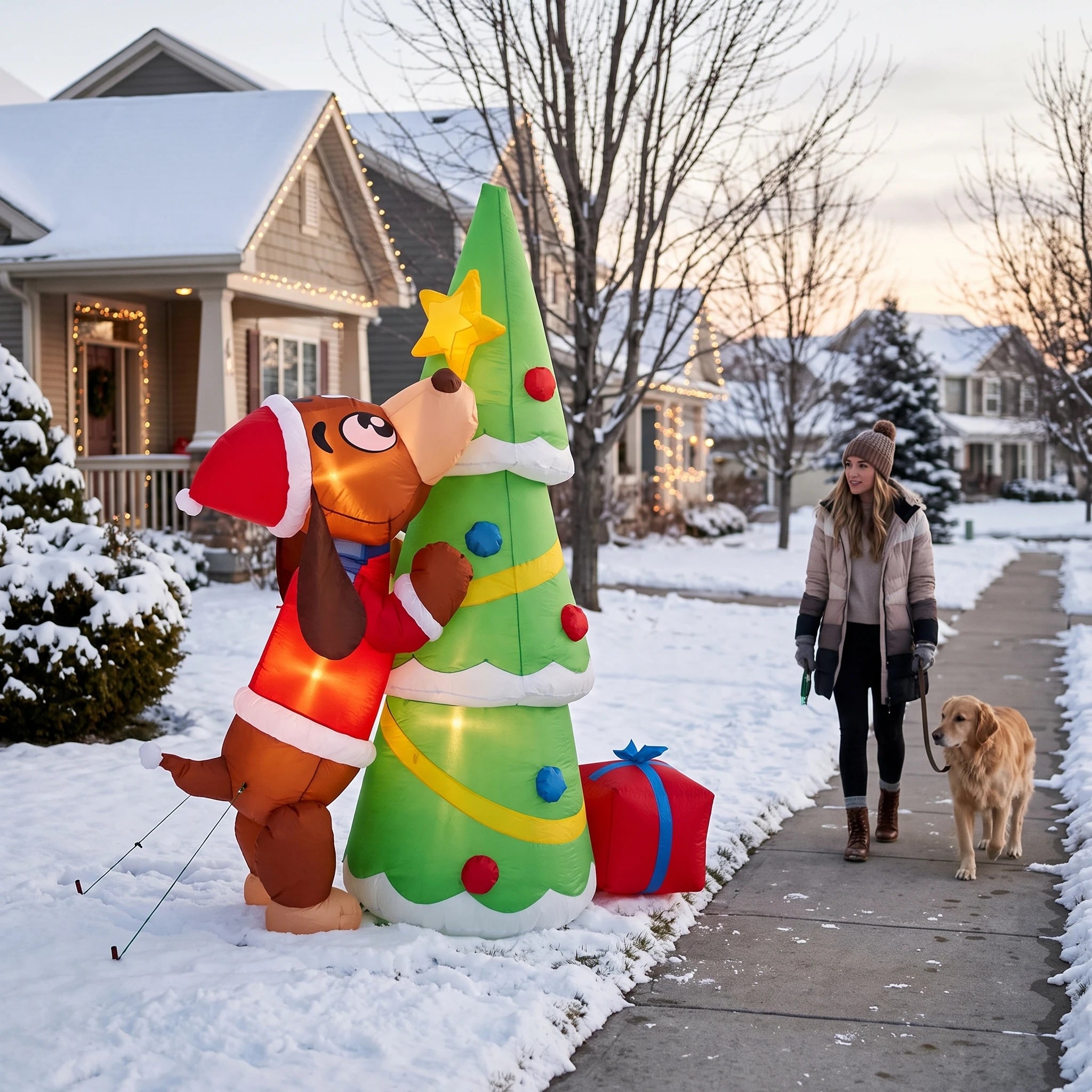 Giant Inflatable Christmas Dog with Tree — LED Light Outdoor Yard Decoration