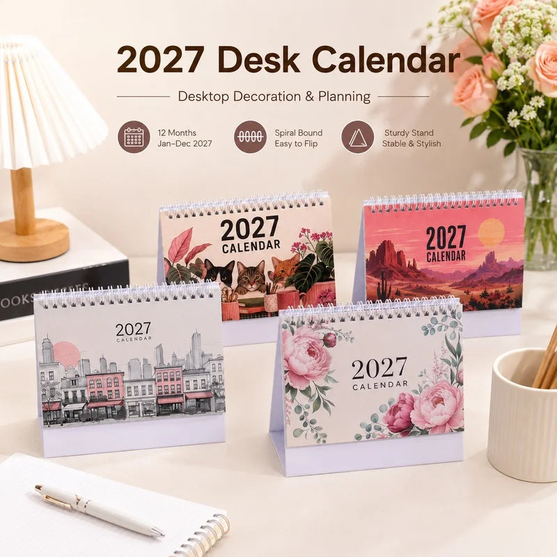 2027 Desk Planner Calendar — Spiral Bound Monthly Organizer, Floral Design