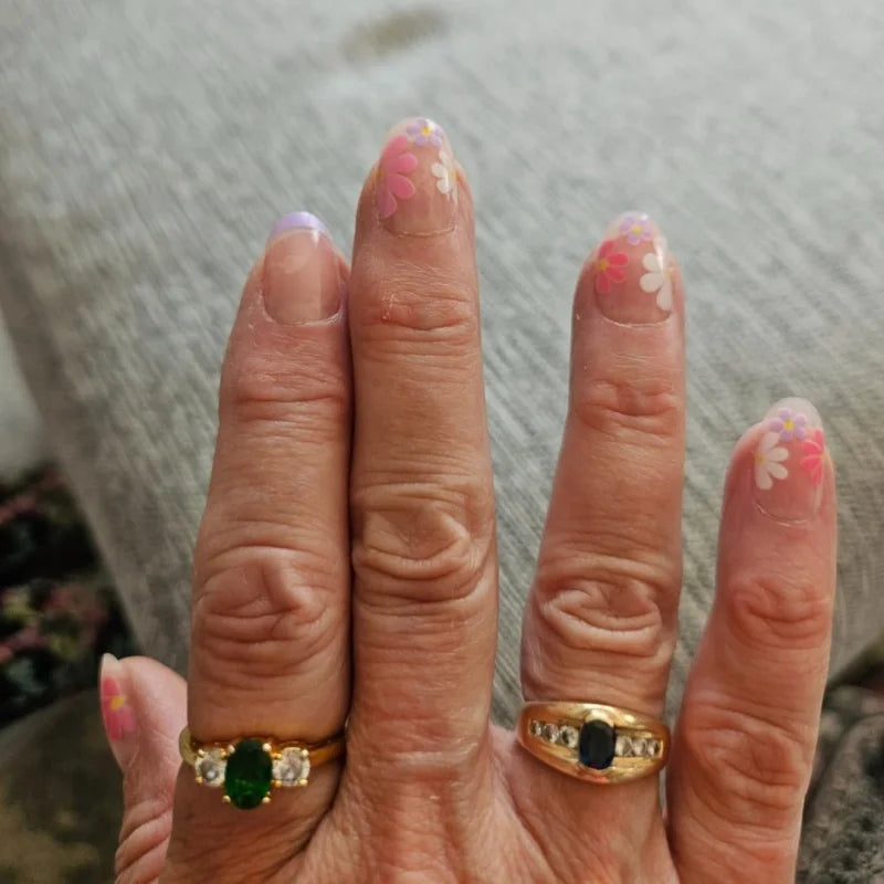 Pink Floral Press-On Nails — Short Almond French Tip Fake Nail Set