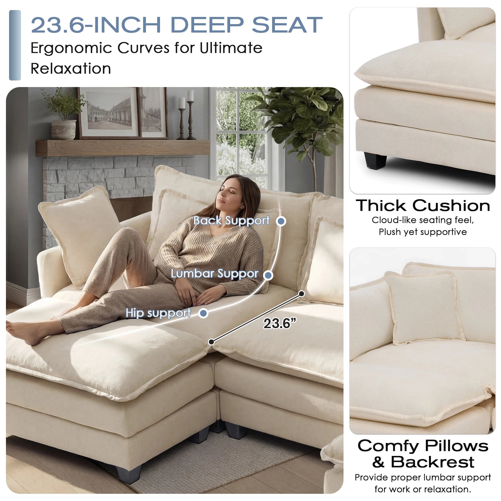Modular Sectional Sofa with Ottoman — Comfy Cloud Couch with Deep Seating