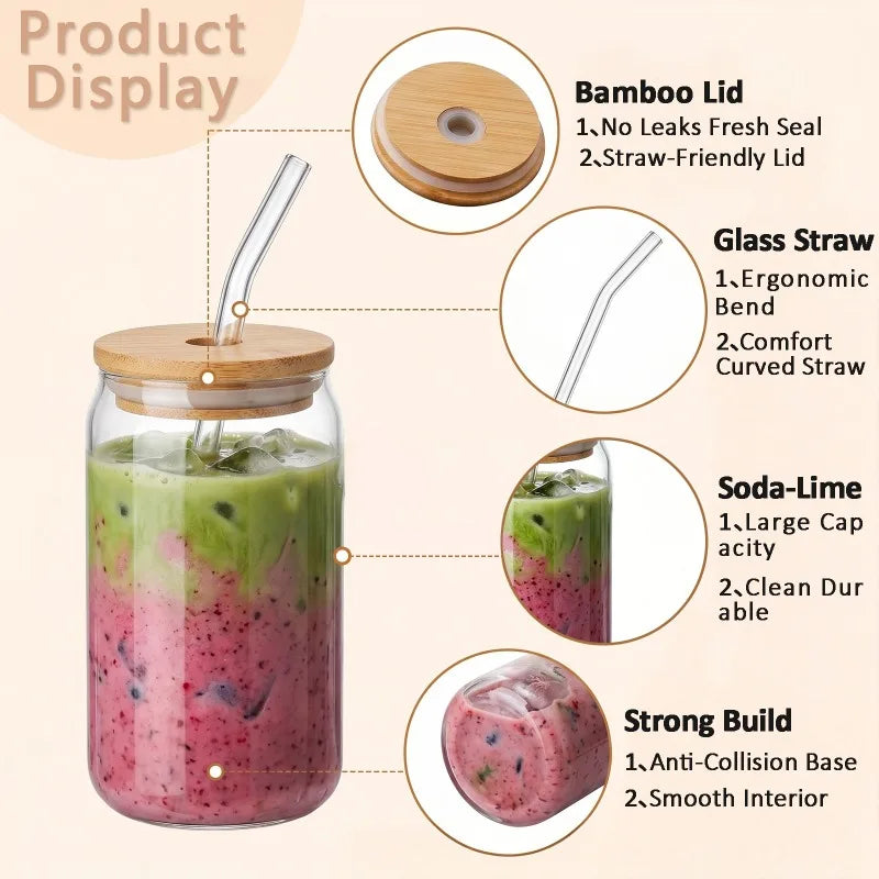 Glass Tumbler Set with Bamboo Lids — Reusable Iced Coffee Cups & Straws