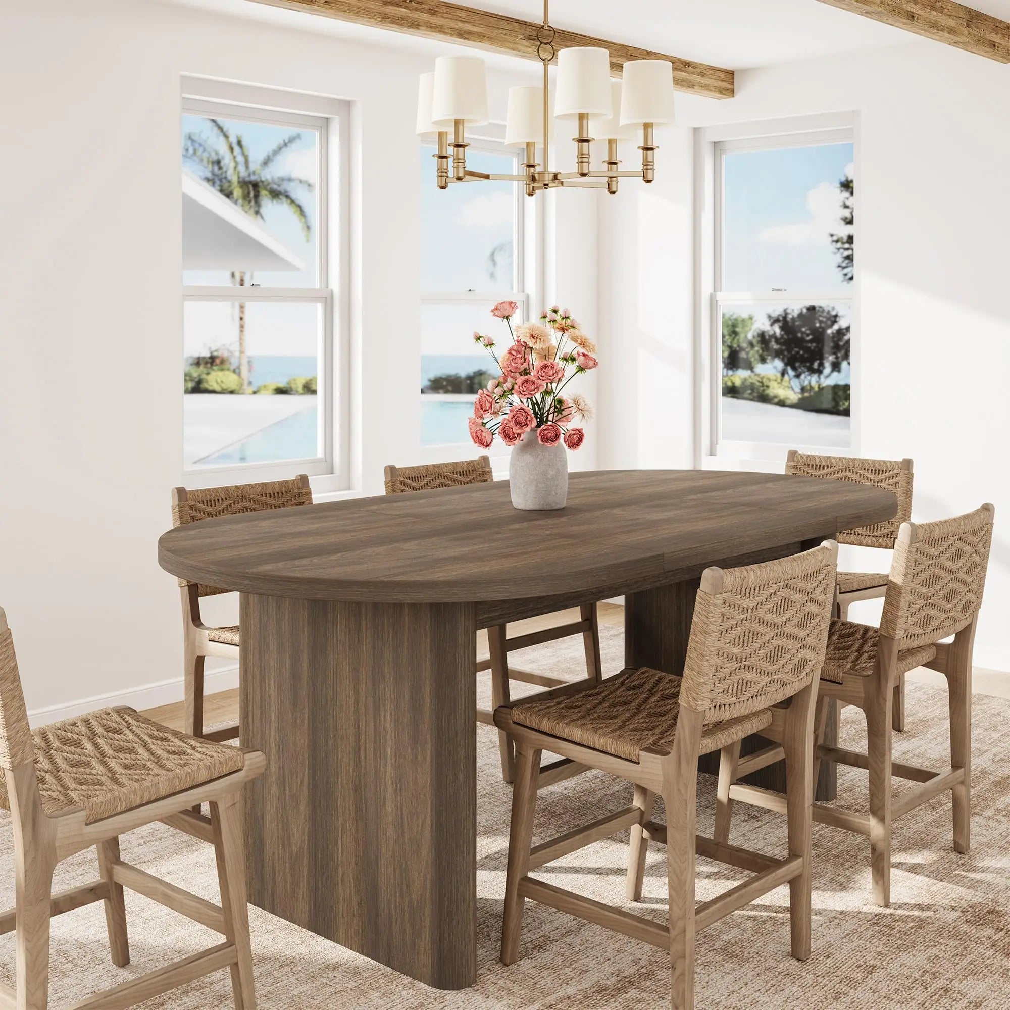 Modern Farmhouse Oval Dining Table — Spacious Wooden Base for 4-8 People