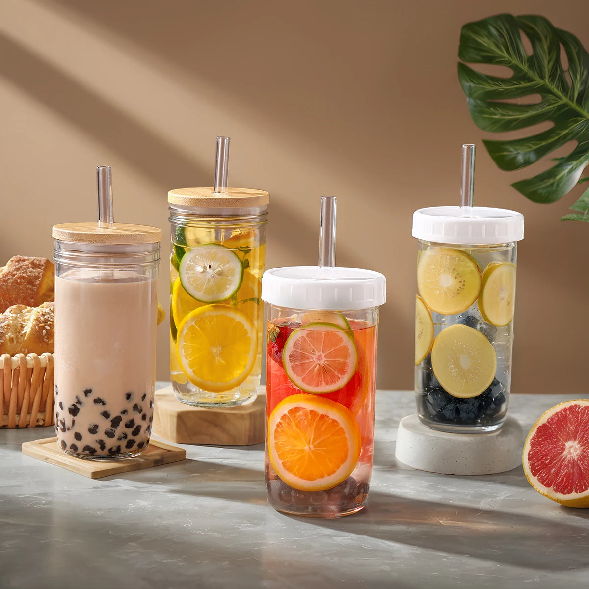 Wide Mouth Boba Glass Cup Set — Reusable Mason Jar with Straws & Lids