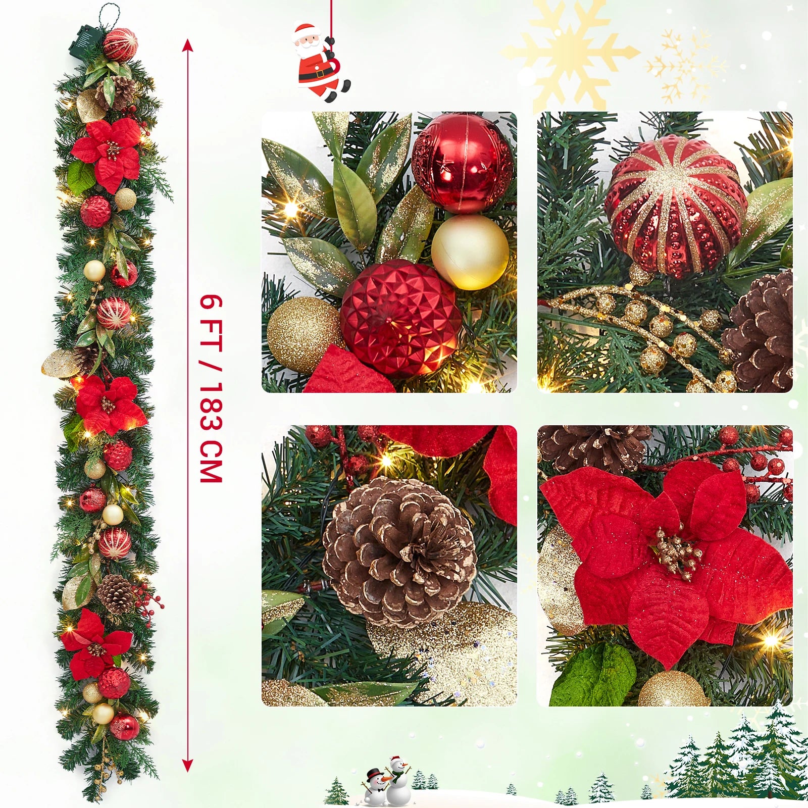 Pre-Lit Christmas Garland — 6ft Festive Decor with LED Lights & Gold Ornaments