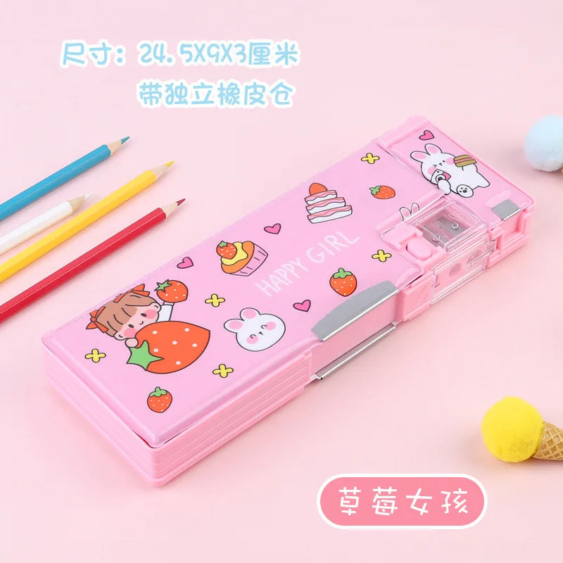 Pink Double Sided Pencil Case — Stationery Box with Built-in Sharpener