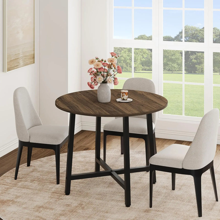 Round Dining Table — Industrial Farmhouse Wood Kitchen Table, Black Walnut Brown