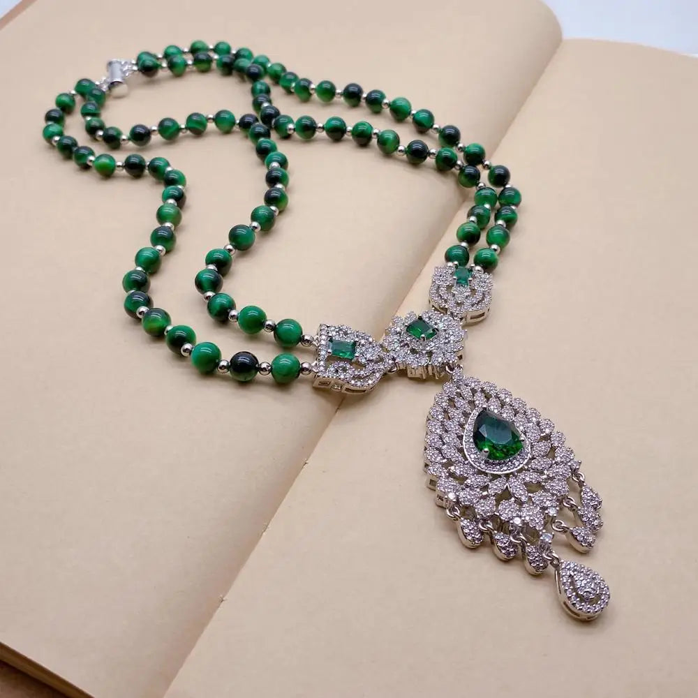 SETTIMANA Green Tiger Eye Pendant Necklace — Double Strand CZ Pave Jewelry