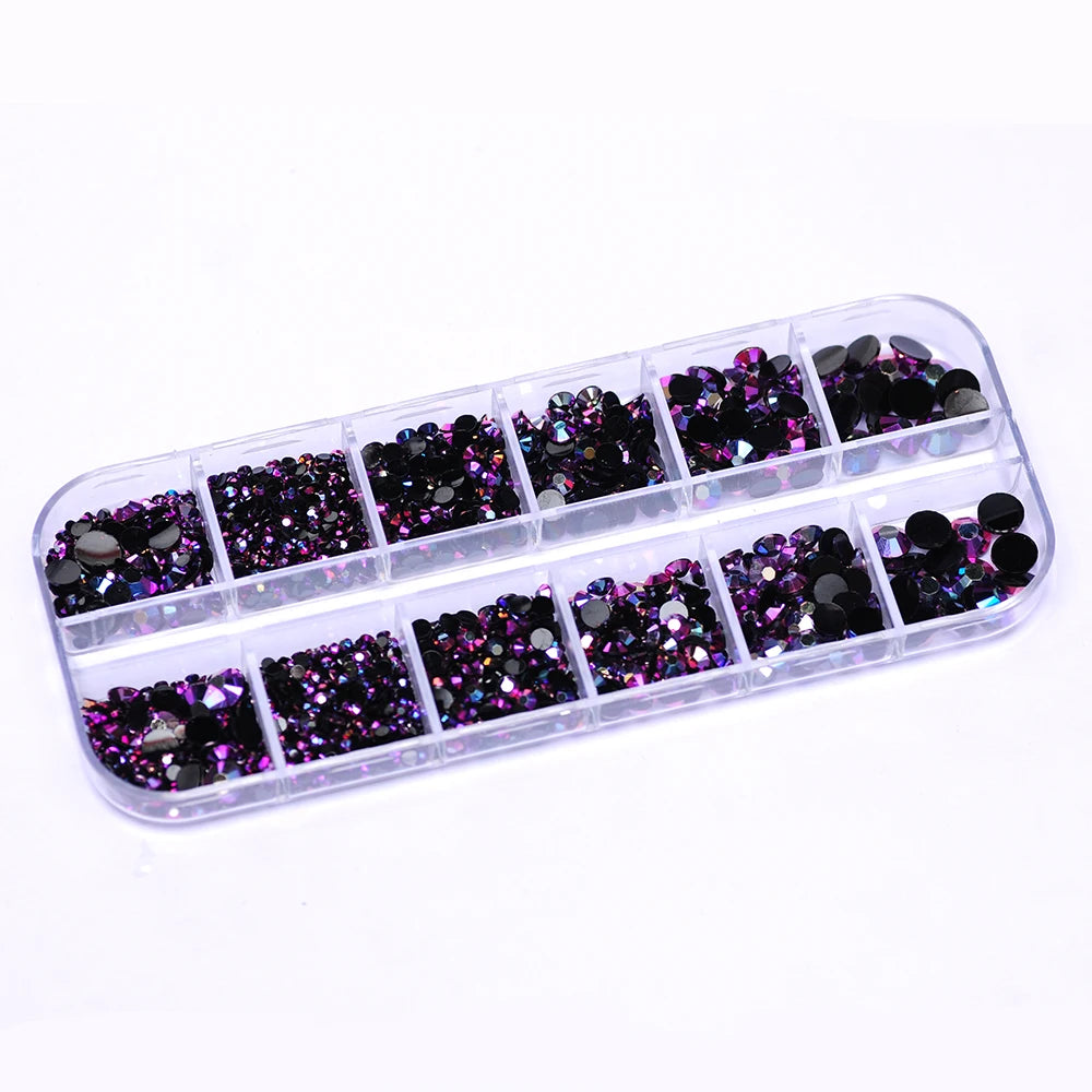 PUBRILEX Black AB Crystal Rhinestones — Multi-Size Resin Beads for Nail Art & DIY Crafts