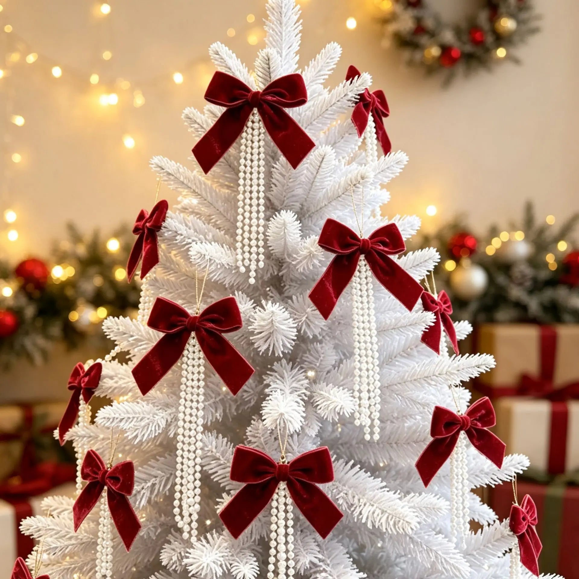 Pearl Flocking Bow Ornament — Festive Holiday Tree Hanging Pendant