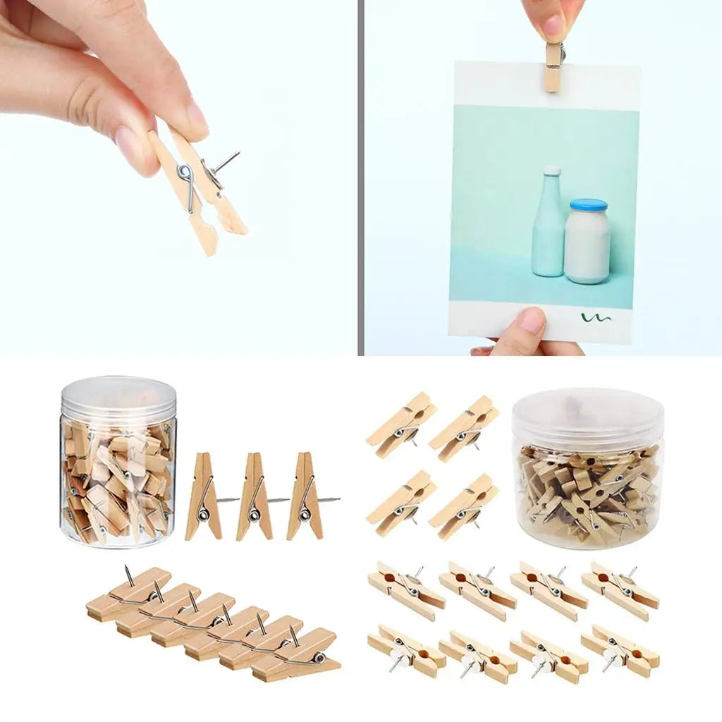 Wooden Photo Clips with Push Pins — Decorative Memo Holder for Corkboards