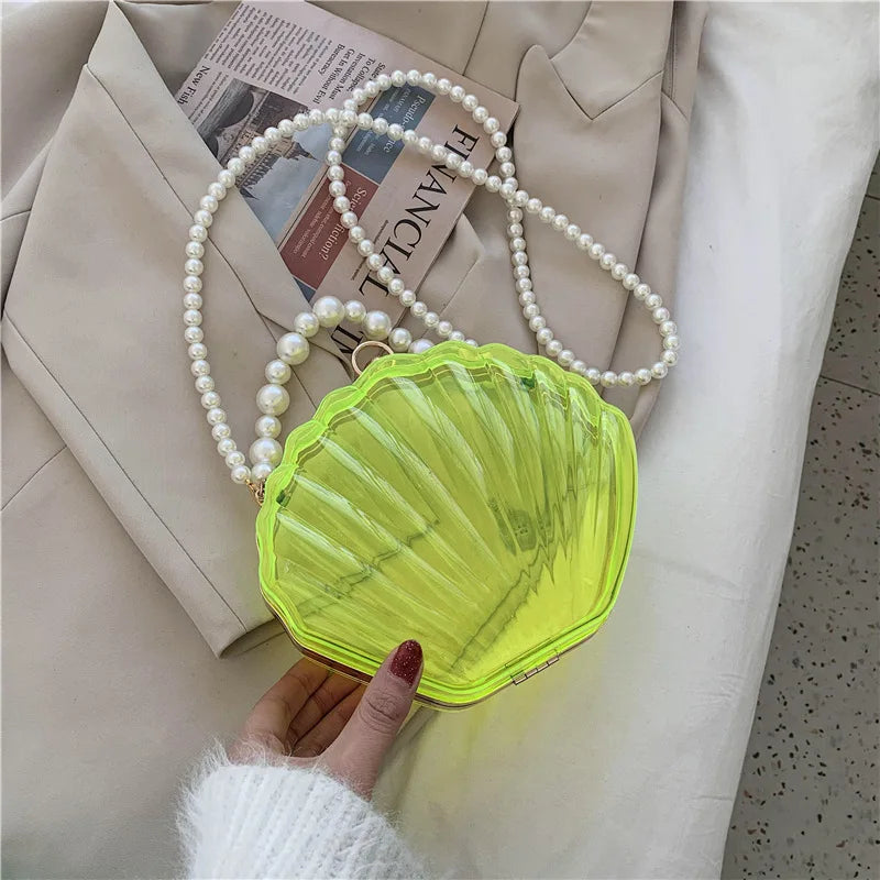 FENJING Transparent Shell Evening Bag — Pearl Chain Clutch & Crossbody Purse