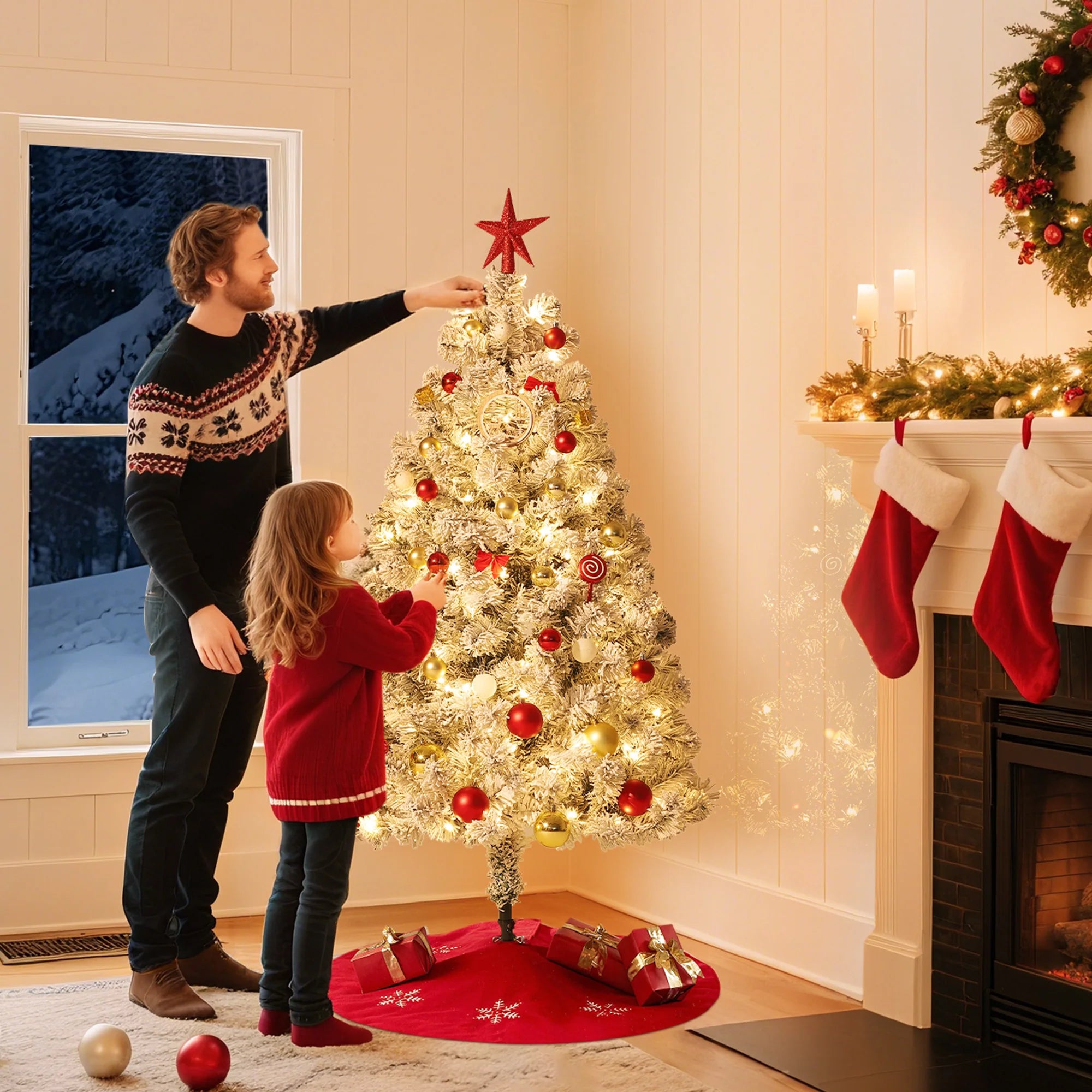GAOMON Flocked Pre-Lit Artificial Christmas Tree — Snowy Fraser Fir Decor