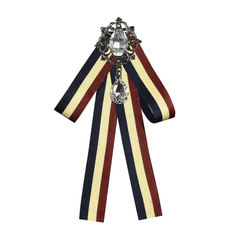 i-Remiel Retro Striped Bow Tie Brooch — Elegant Fabric Ribbon Lapel Pin