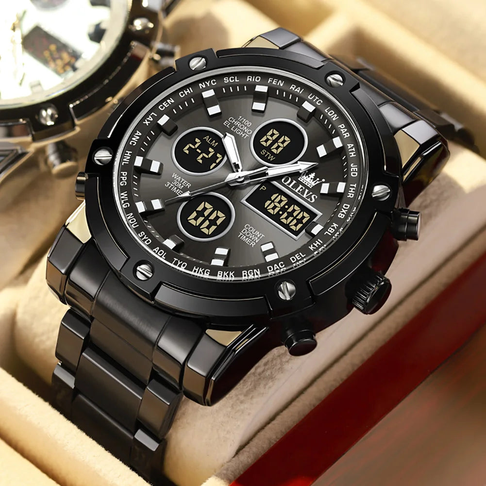 OLEVS Men's Multifunctional Digital Watch — Waterproof Stainless Steel Wristwatch