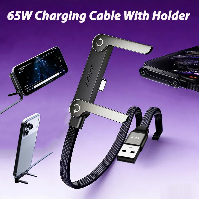 elough 65W Fast Charging Cable — 2-in-1 USB-C Data Wire with Foldable Phone Holder