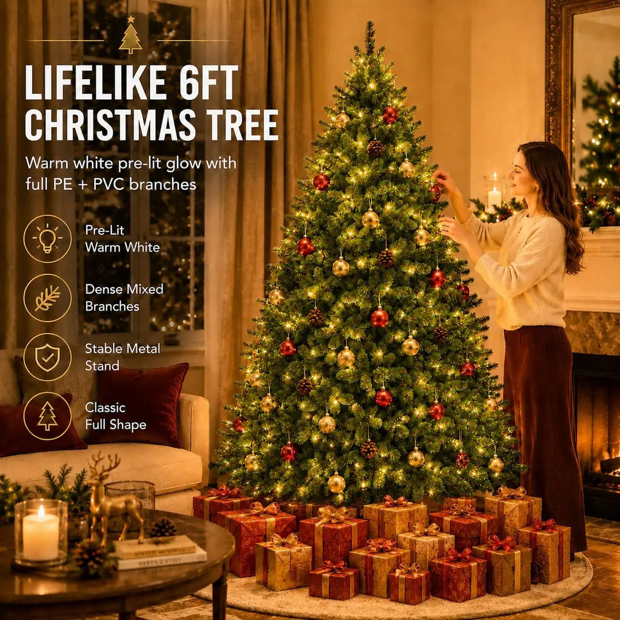 Artificial Pine Christmas Tree — Dense Greenery with Dual-Color LED Lights