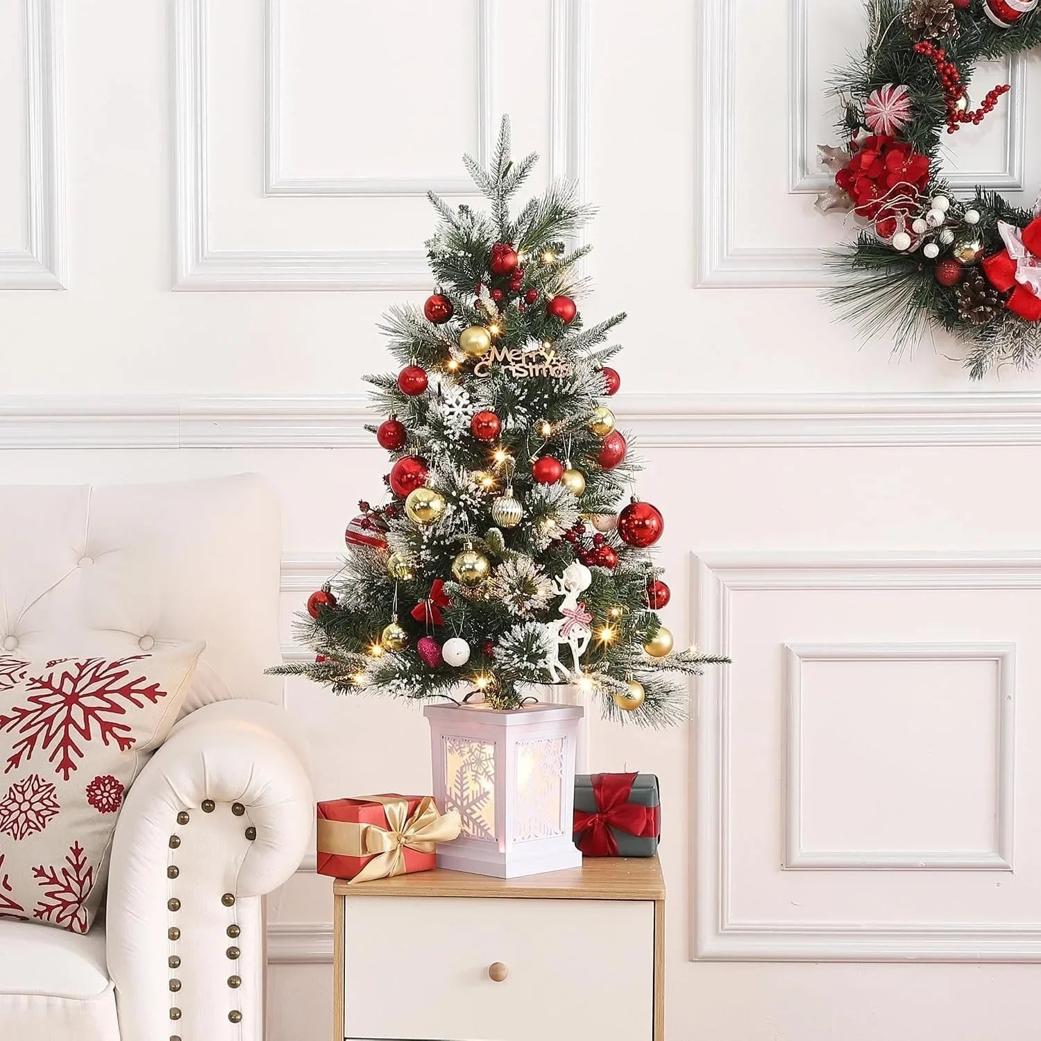 Pre-Lit Mini Christmas Tree — 3FT Flocked Artificial Tree with LED Lights