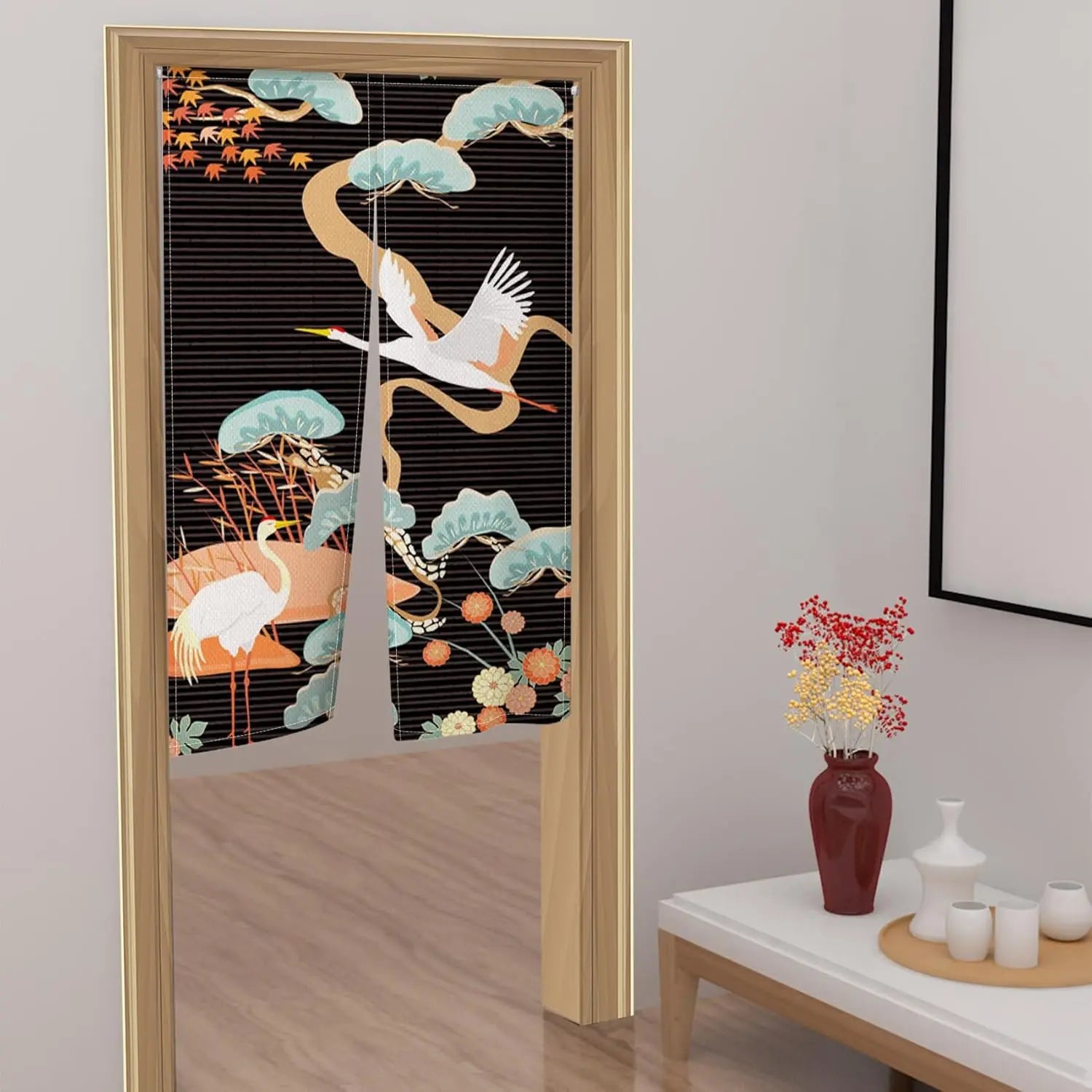 Japanese Style Crane and Flower Doorway Curtain — Decorative Noren Tapestry