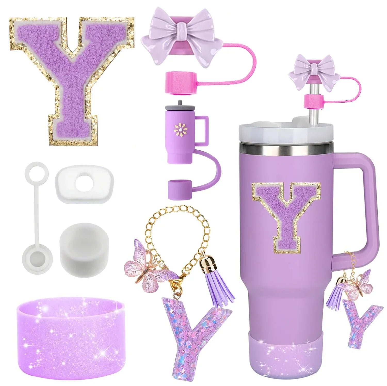 8-Piece Purple Tumbler Accessory Set — Silicone Straw Topper & Personalized Charms