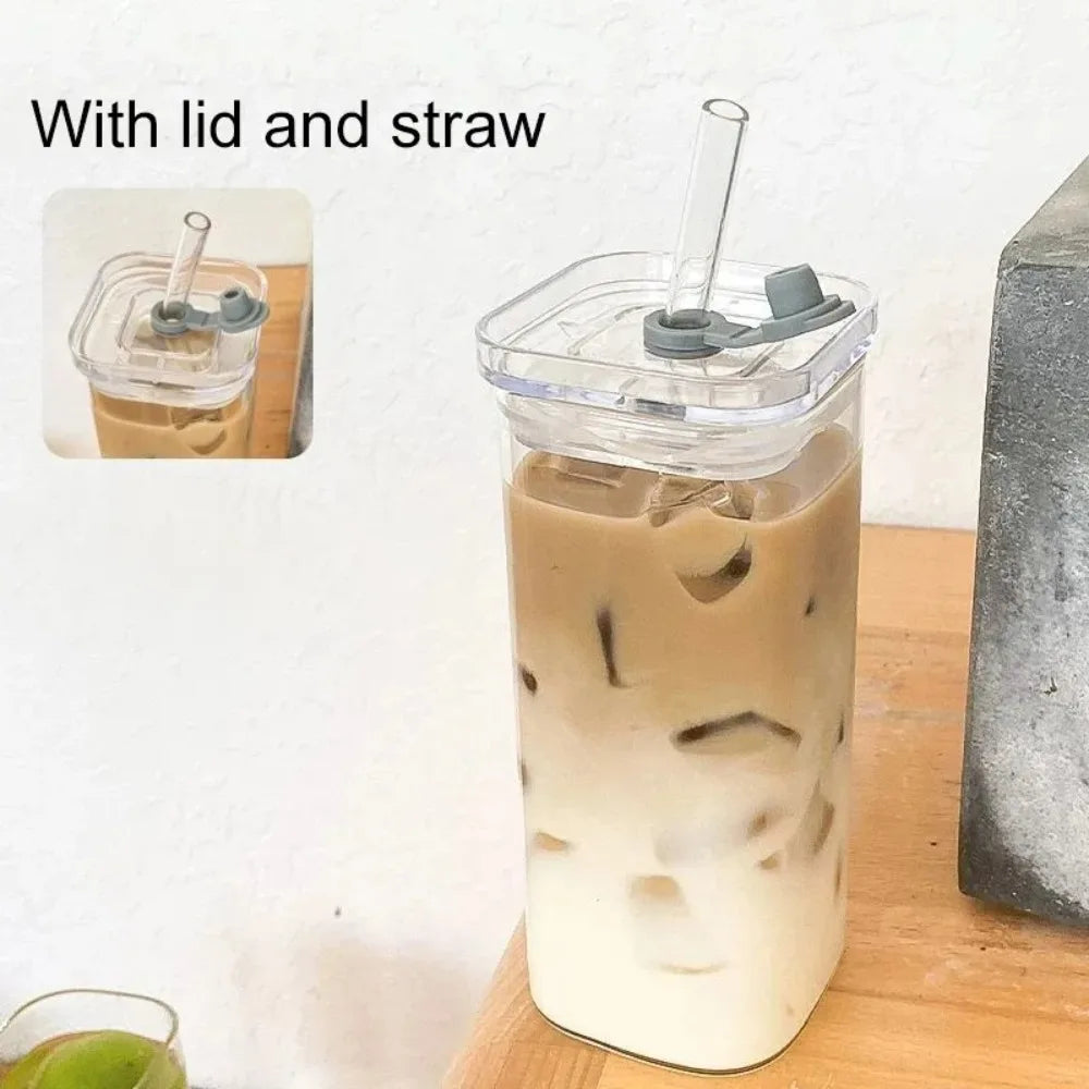 Square Glass Coffee Cup with Lid and Straw — Heat Resistant Drinkware