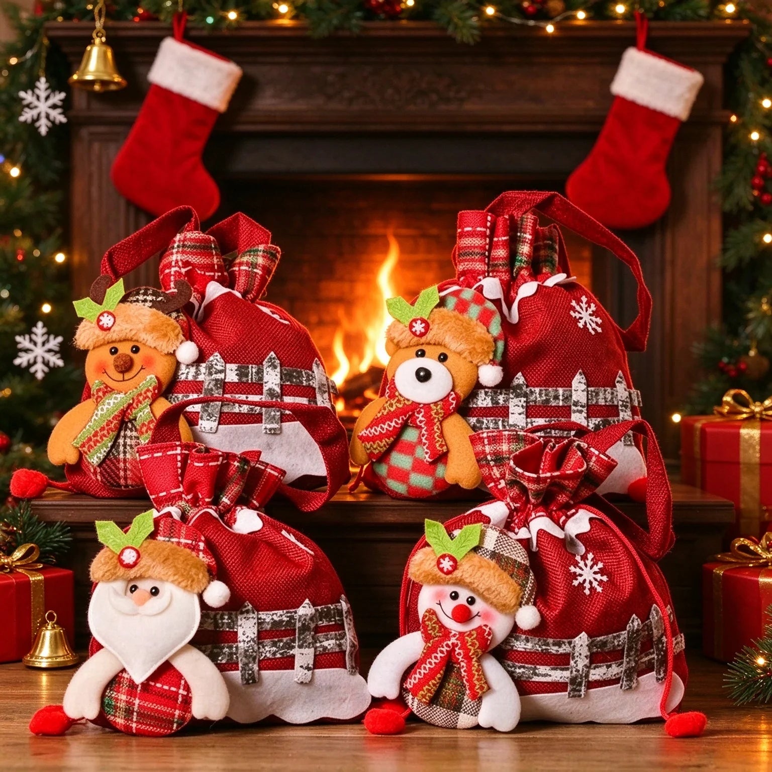 Christmas Drawstring Gift Bags — Reusable Fabric Pouch Set for Favors